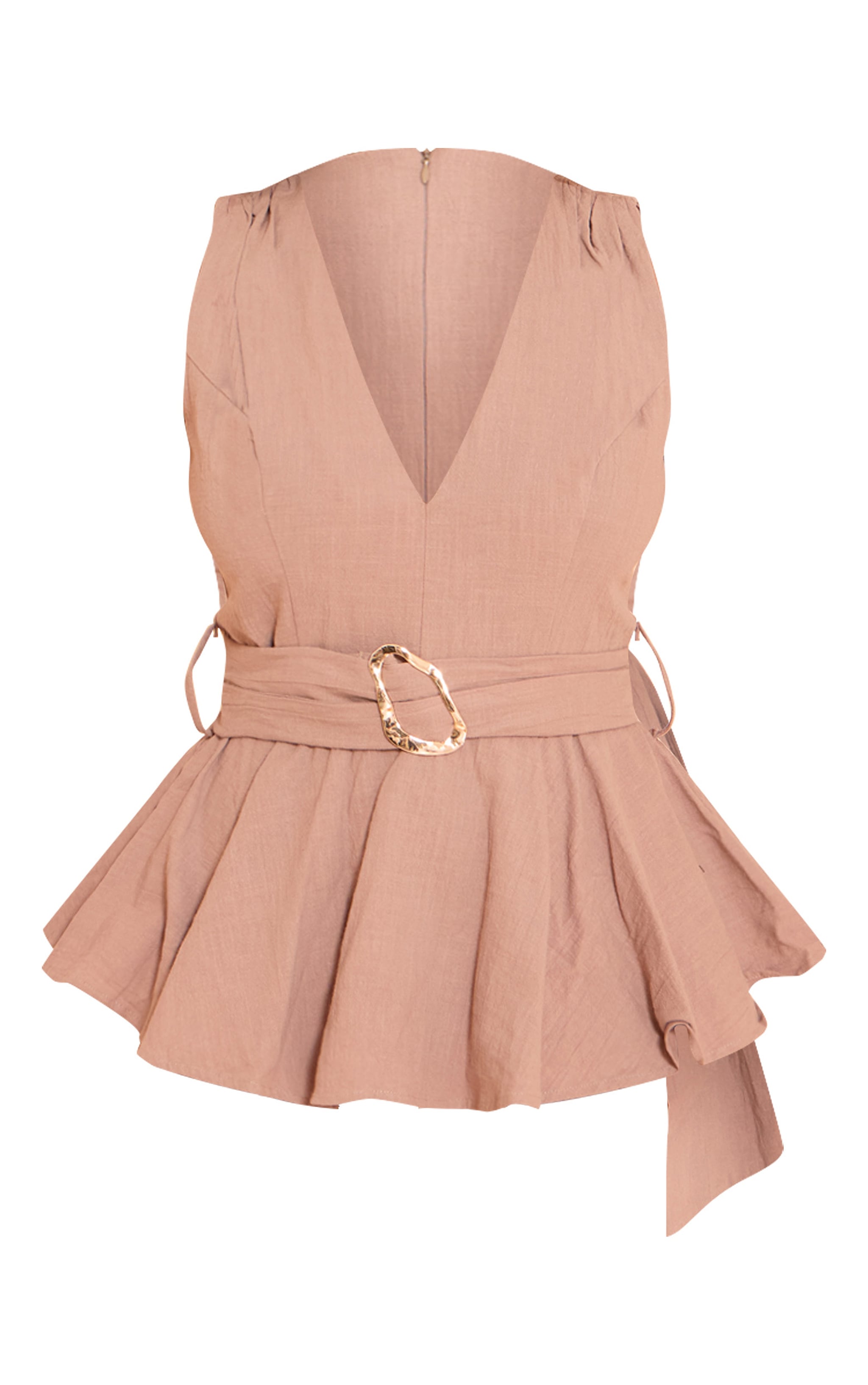 Shape Mocha Linen Gold Trim Belted Peplum Top image 5
