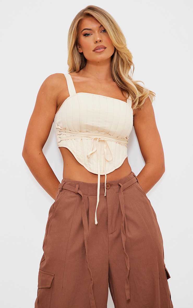 Cream Padded Tie Corset Tops PrettyLittleThing