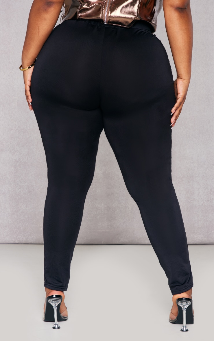 Plus Black Seam Detail Slinky Split Hem Leggings image 2