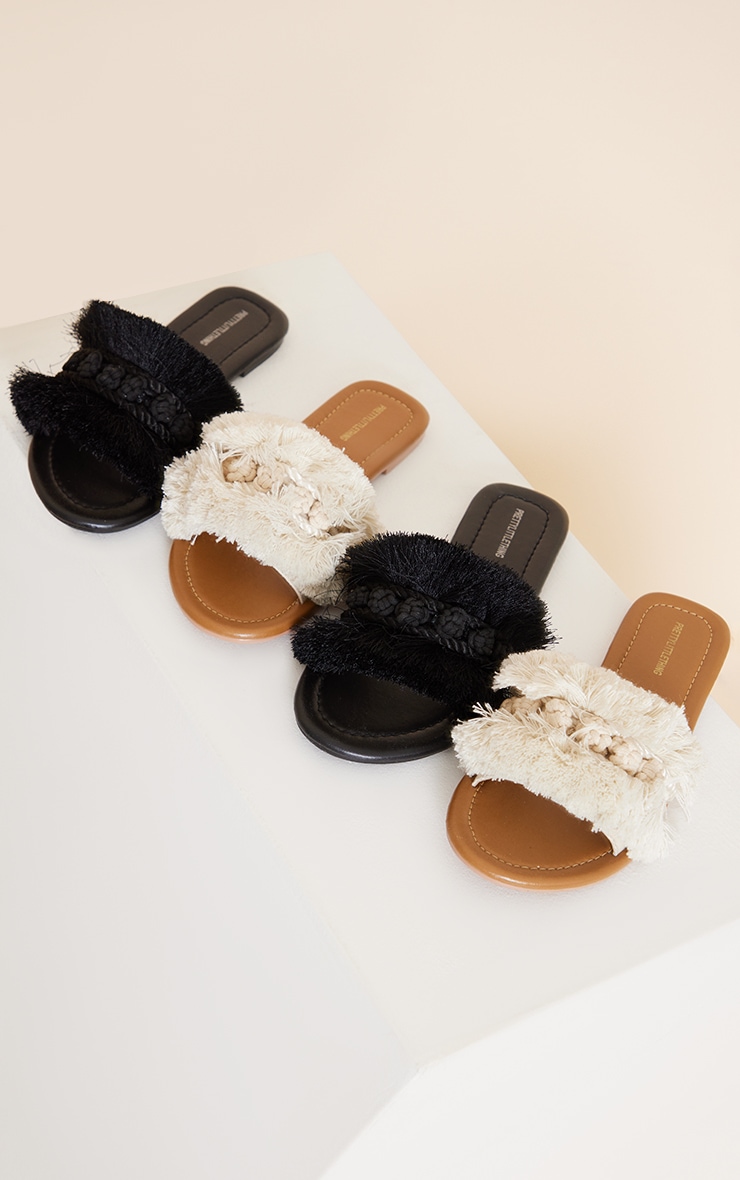 Black Round Cotton Knot Tassel Strap Slides image 3