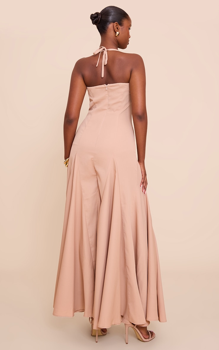Robe longue tissée taupe à buste plissé et dos nu image 2
