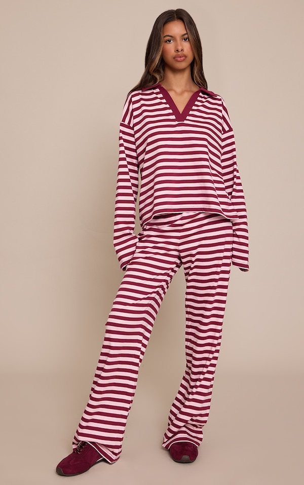 Petite Burgundy Striped Wide Leg Trousers