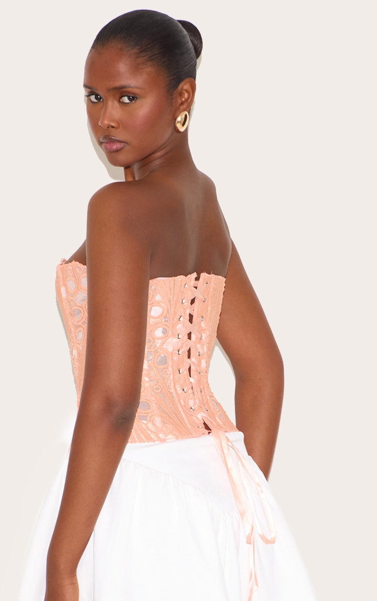 Peach Textured Sheer Floral Lace Corset image 2