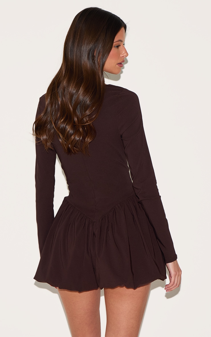 Chocolate Brown Stretch Woven High Neck Puffball Skort Playsuit image 2