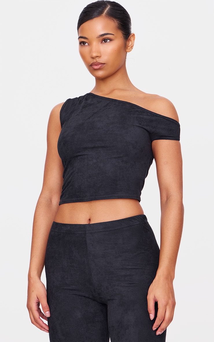 Black Faux Suede Asymmetric Crop Top image 4