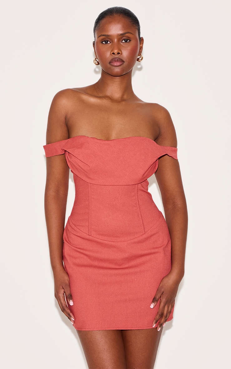 Burnt Orange Draped Bardot Corset Bodycon Dress image 1