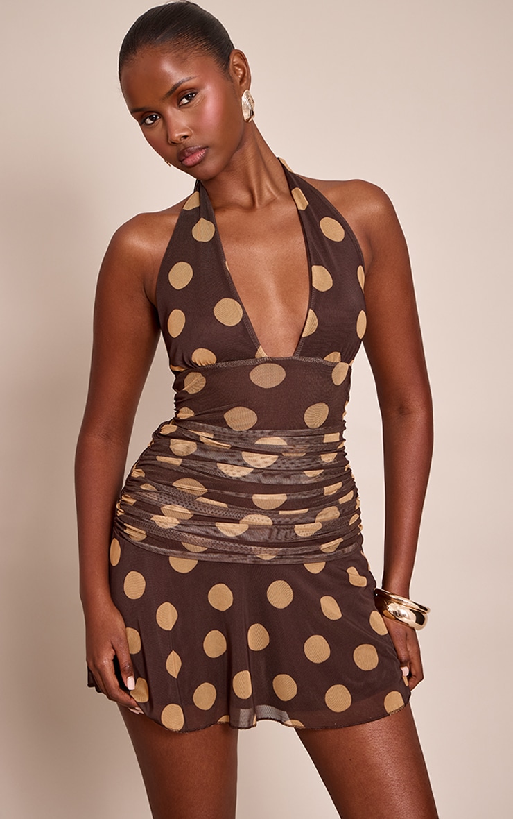 Brown Contrast Polka Dot Halterneck Mini Dress image 1