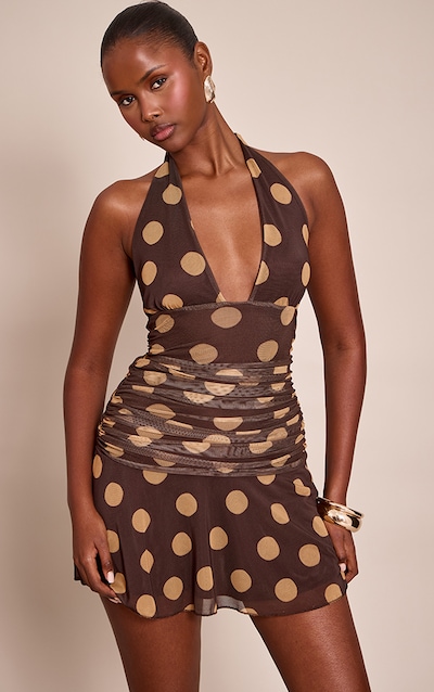 Brown Contrast Polka Dot Halterneck Mini Dress