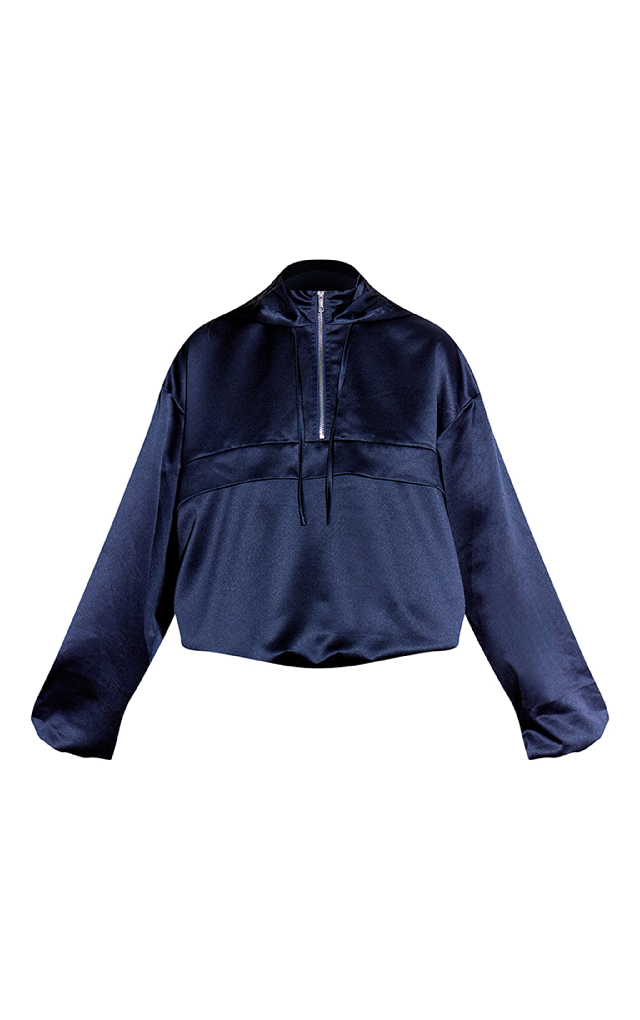 Navy Satin Zip Up Hooded Pullover Jacket image 5