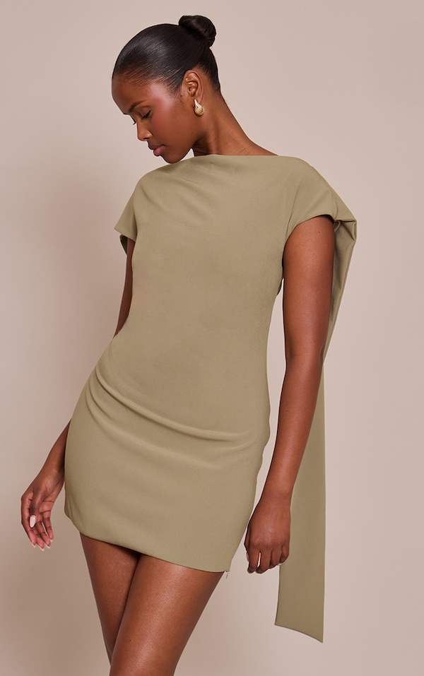Mini robe bustier tissée taupe à manches drapées