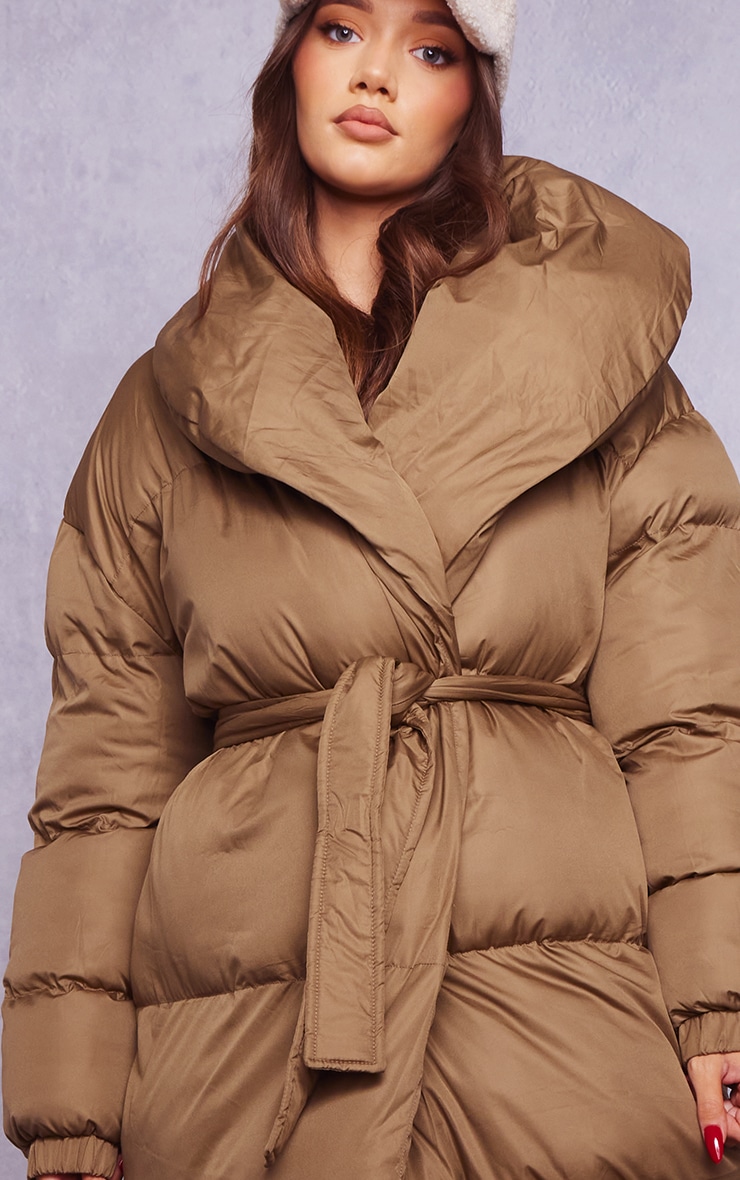 Maternity Khaki Oversized Belted Longline Puffer image 4