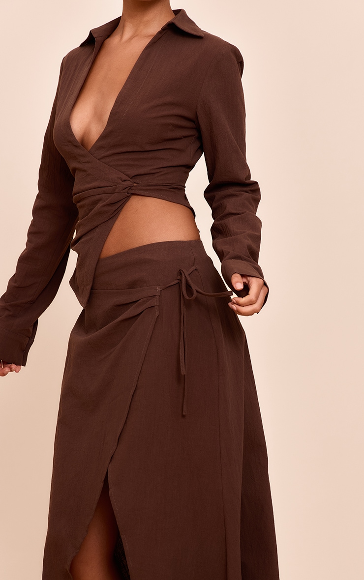 Dark Brown Linen Look Split Tie Midi Skirt image 4