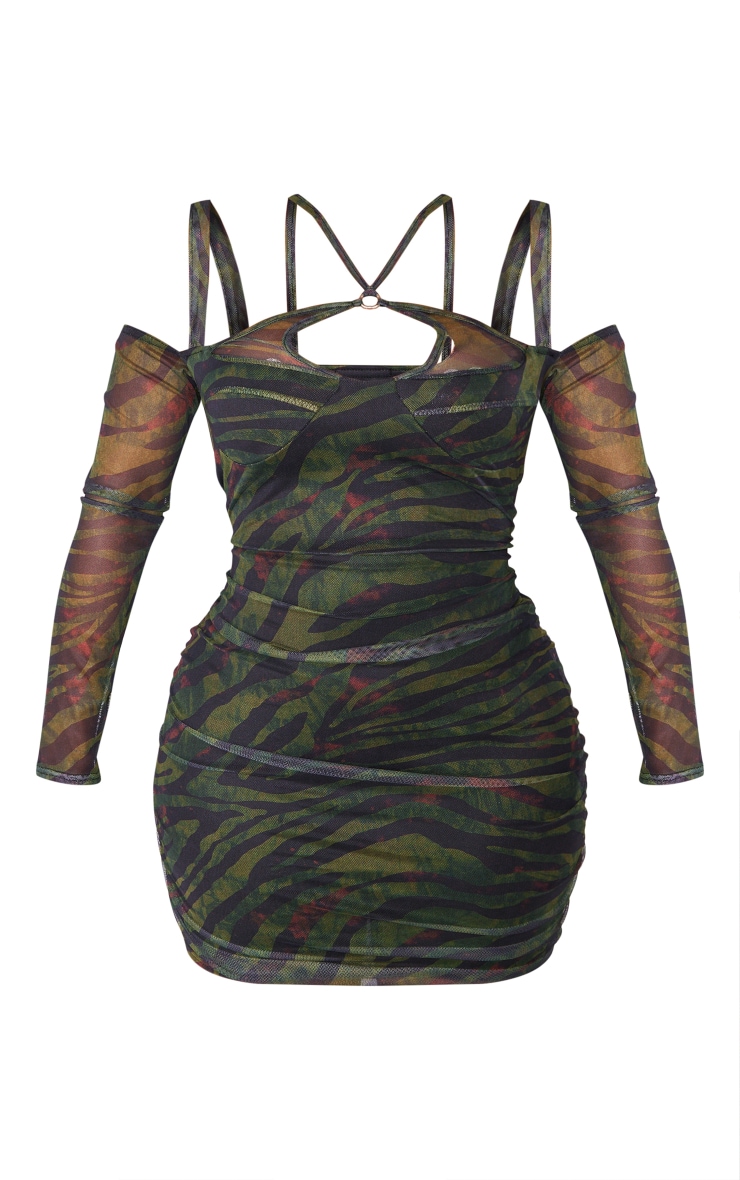 Shape Green Tiger Print Mesh Ring Halterneck Ruched Bodycon Dress image 5