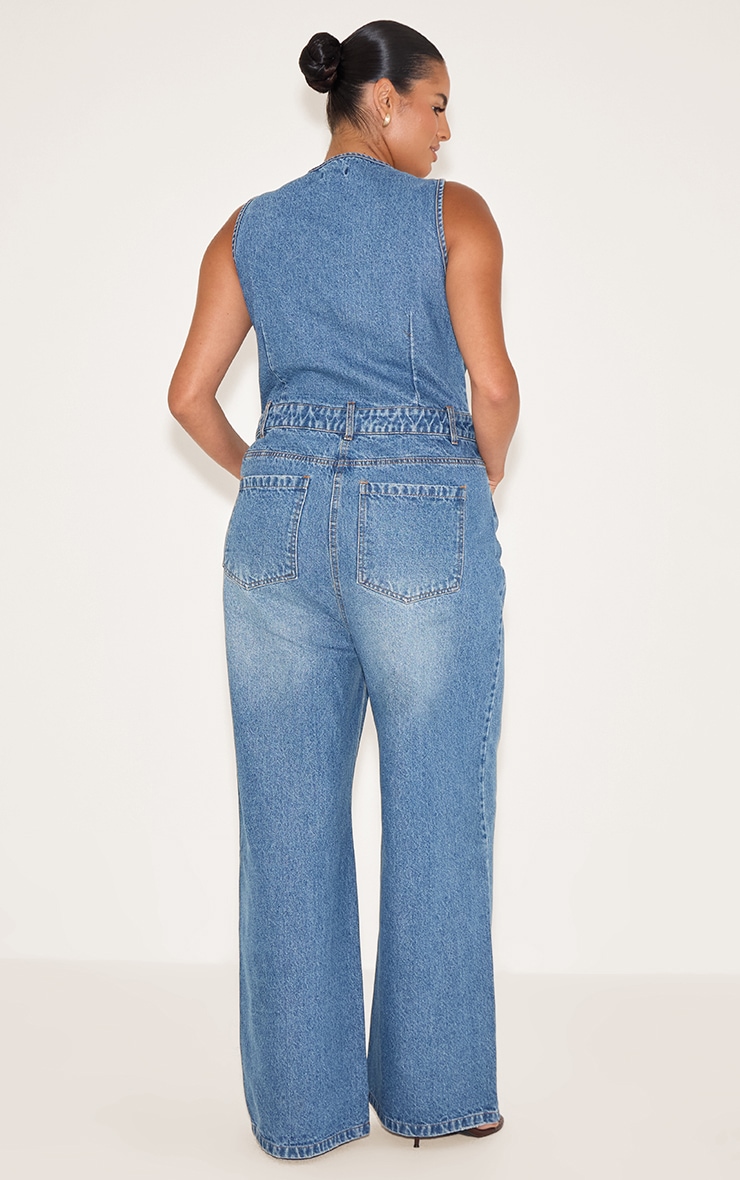 Plus Mid Blue Wash Sleeveless Shirt Denim Jumpsuit image 2