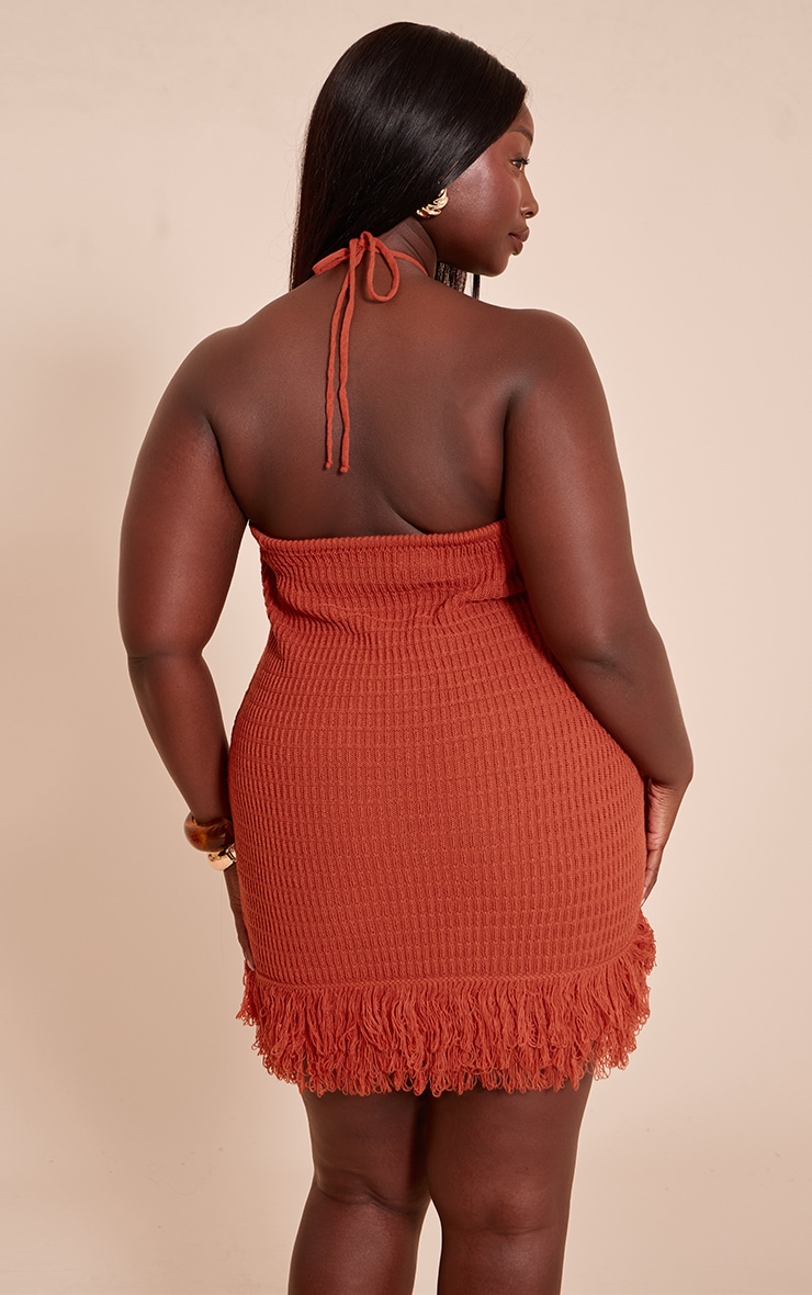Plus Rust Knitted Halterneck Bead Detail Fringe Mini Dress image 2