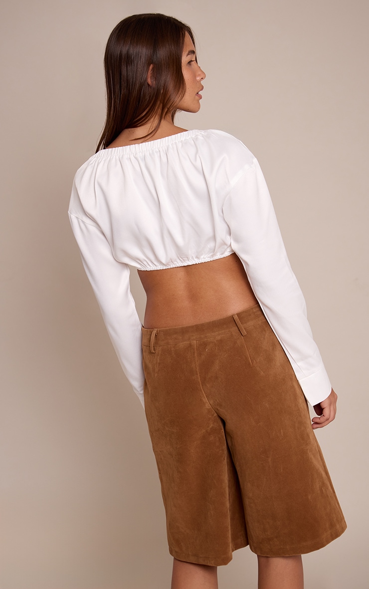White Satin Bardot Twist Front Crop Blouse image 2