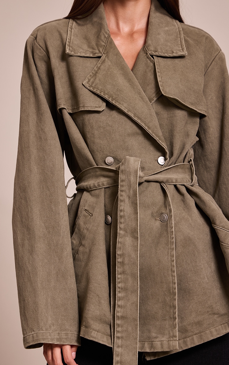 Olive Belted Cropped Denim Trench image 4