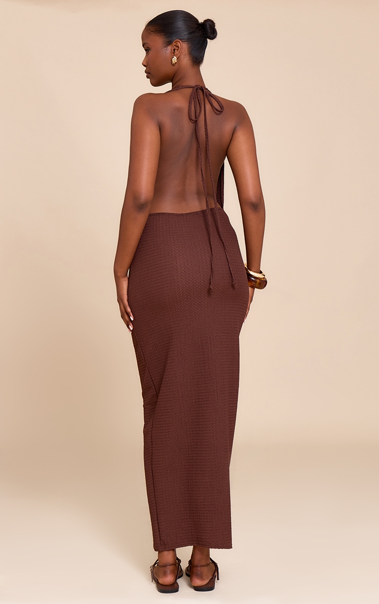 Chocolate Textured Halterneck Low Back Sleeveless Maxi Dress image 2