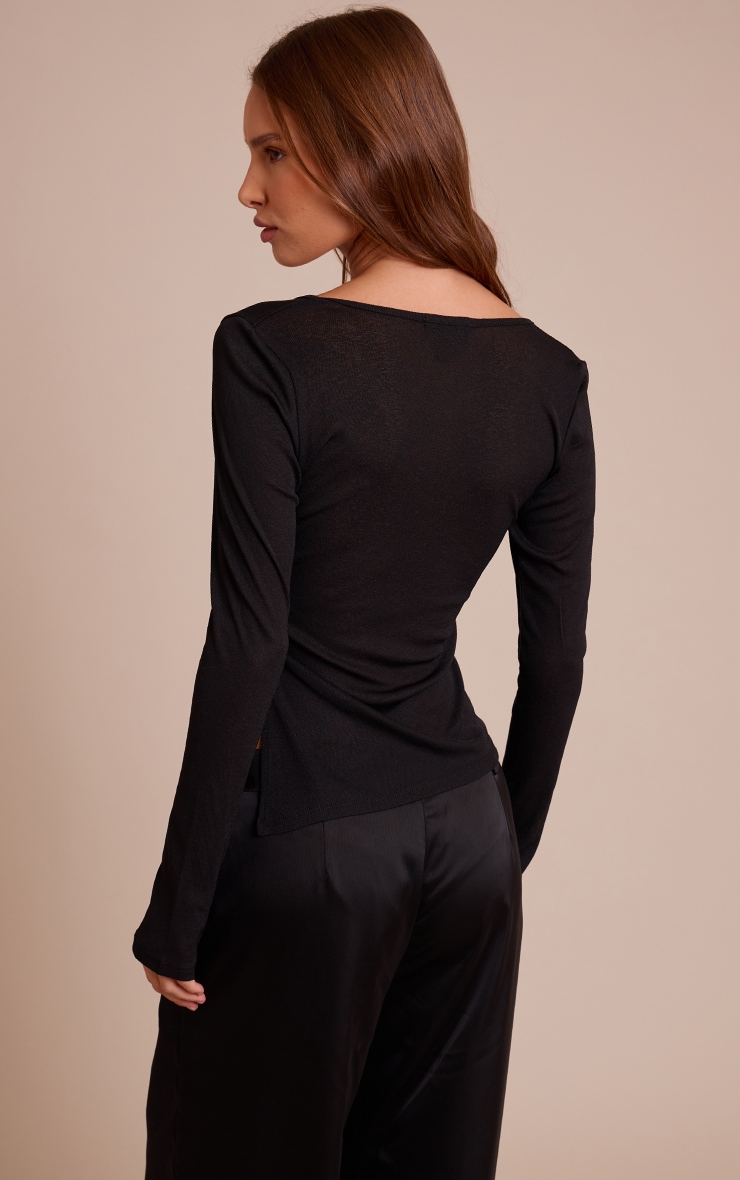Black Burnout Mesh V Neck Long Sleeve Top image 2