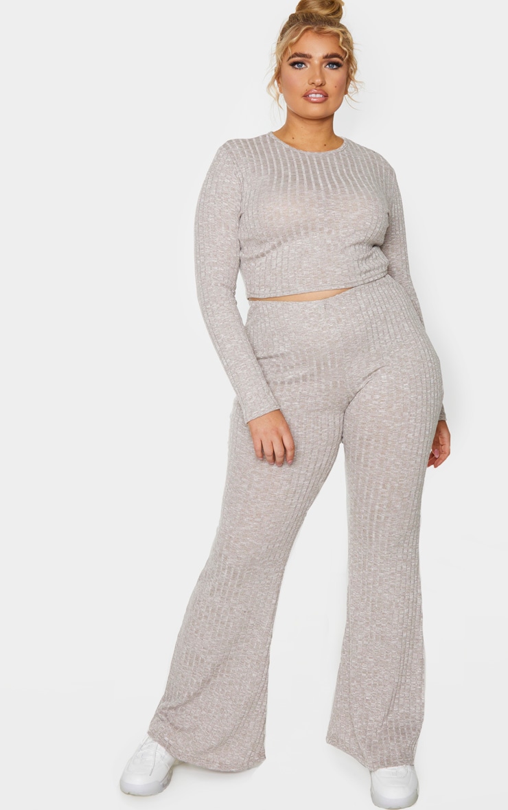 Plus Sand Knitted Ribbed Wide Leg Pants