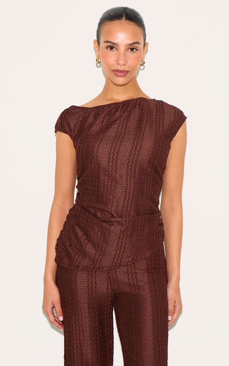 Petite Chocolate Asymmetric Textured Off Shoulder Top image 1