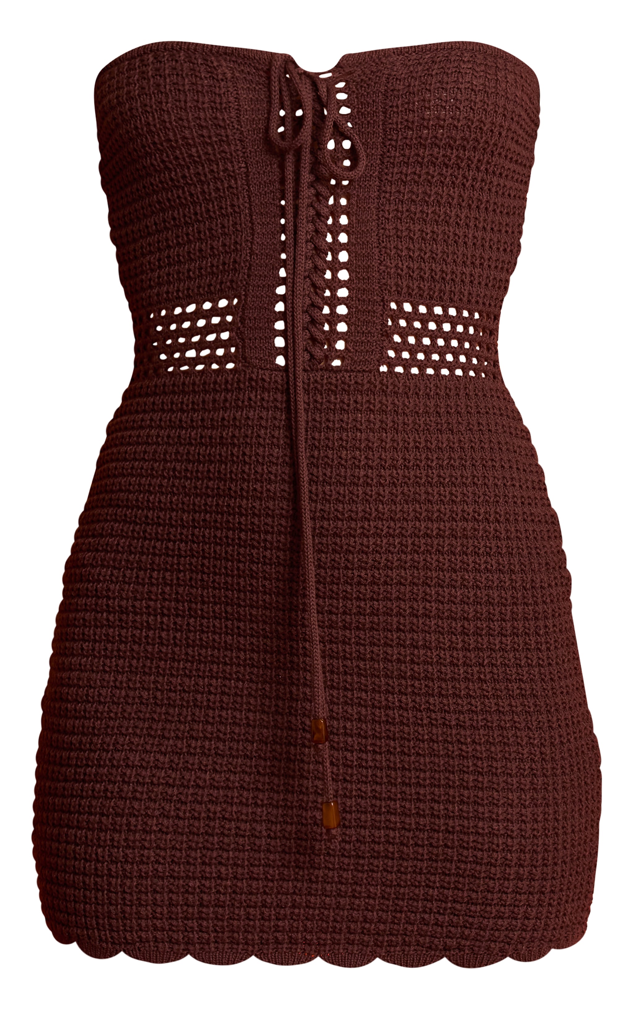 Chocolate Crochet Knit Bandeau Front Tie Mini Dress image 5