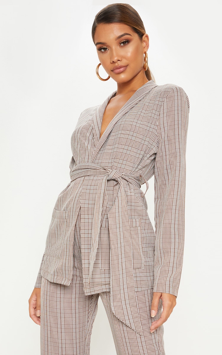 Brown Check Tie Front Woven Blazer