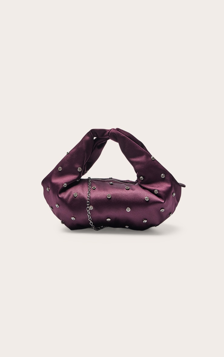 Plum Satin Diamante Stud Clutch Bag image 4