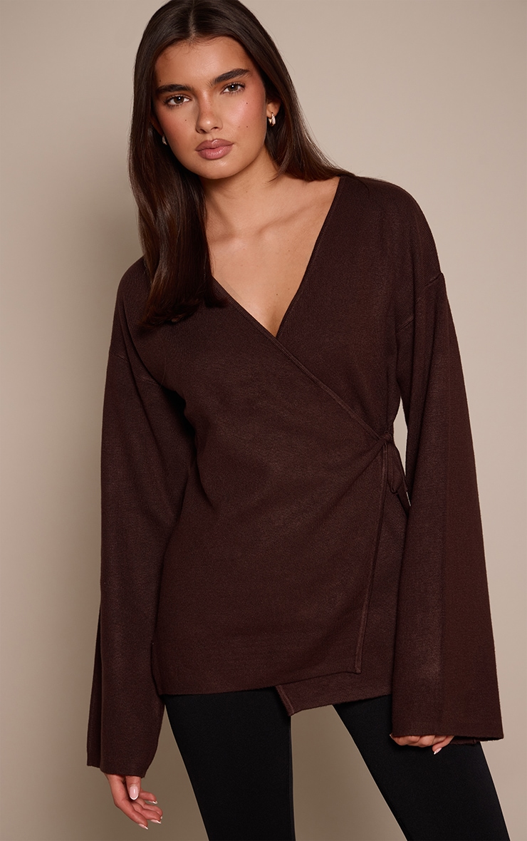Chocolate Long Sleeve Wrap Cardigan  image 1