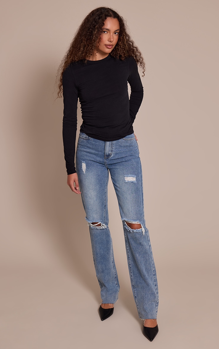 Tall Top long en coton doux noir à col ras et manches longues image 3