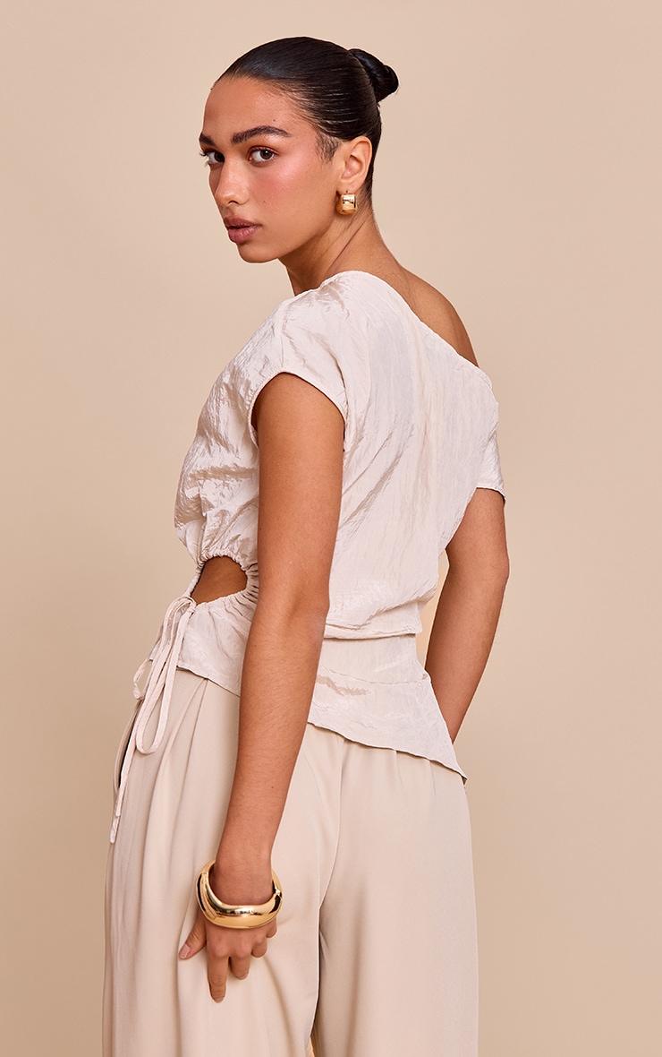 Beige Crinkle Matte Satin Cut Out Long Top image 2