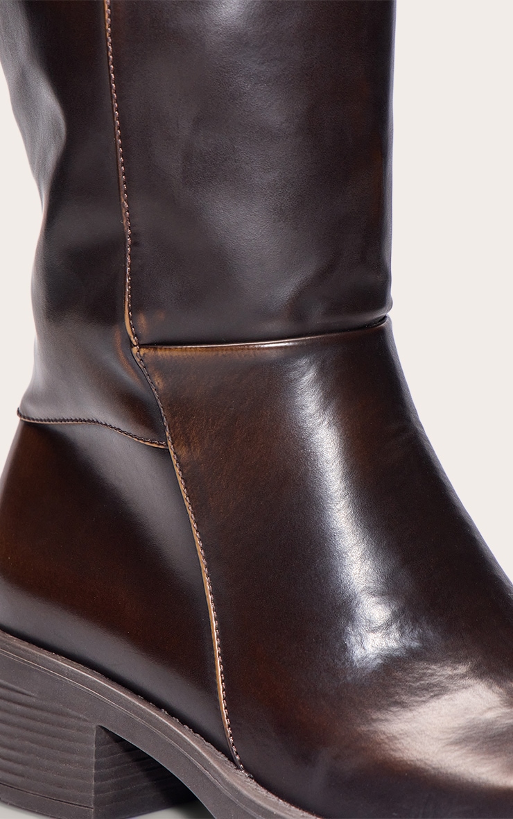 Brown Burnish PU Square Toe Knee High Boots image 5