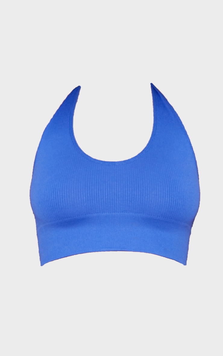 Dark Blue Seamless Rib Halterneck Longline Bra image 5