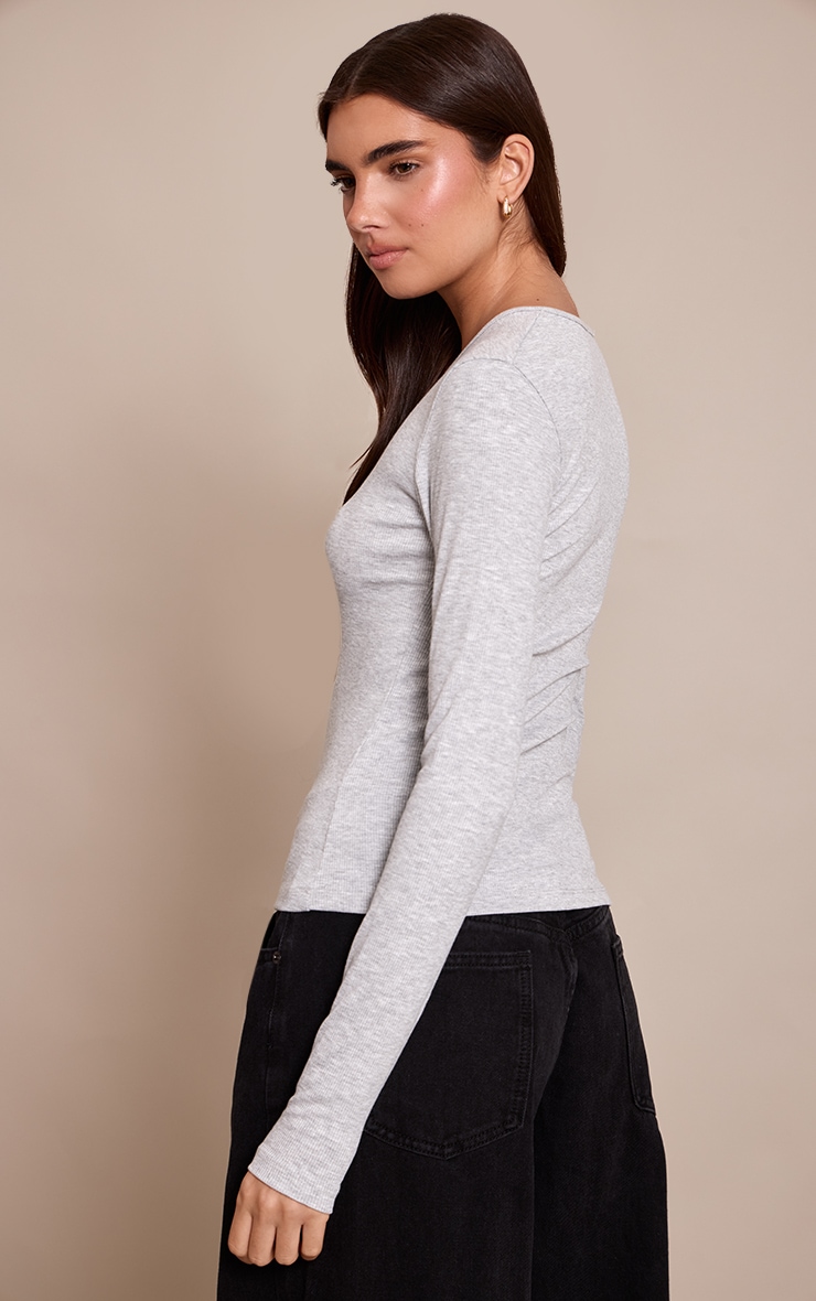 Grey Marl Soft Rib Asymmetric Detail Fitted Longline Top image 2