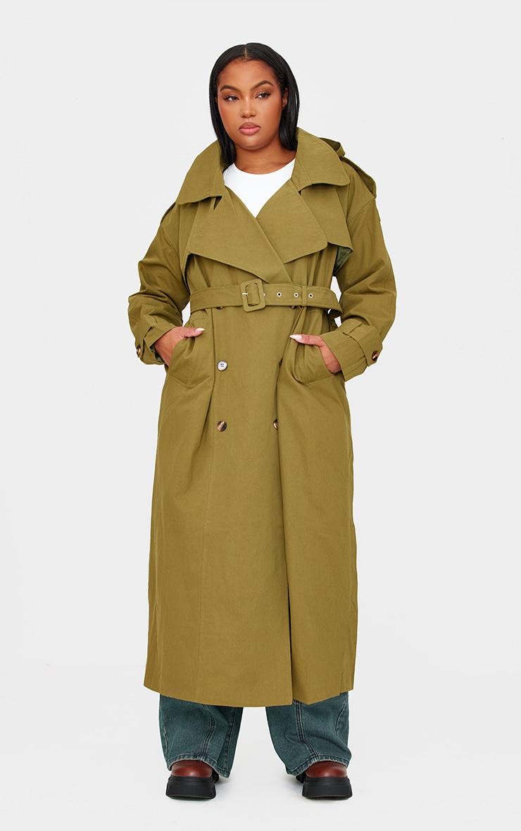 PLT Label Plus Trench long tissé kaki à capuche oversize image 1