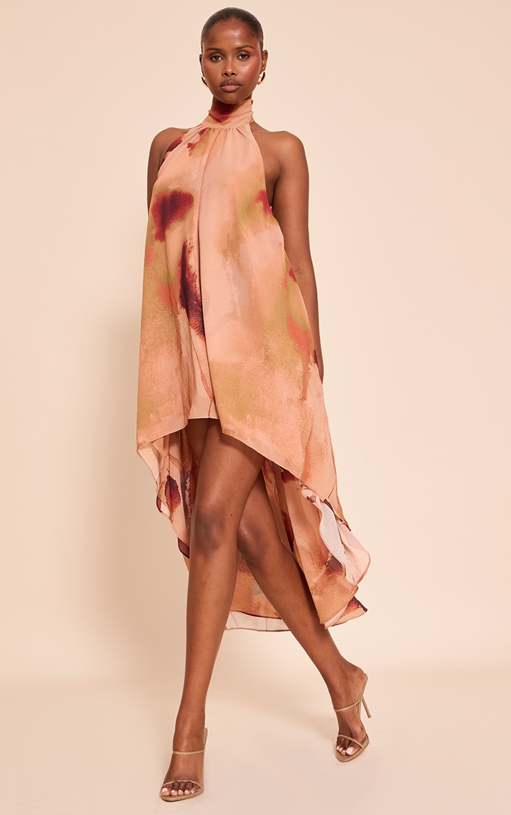 Pink Floral Chiffon High Neck Smock Dress image 3