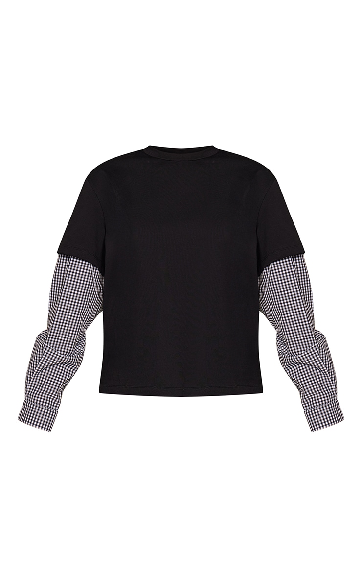 Black Cotton Checked Shirt Sleeve Detail Oversized T-Shirt  image 5