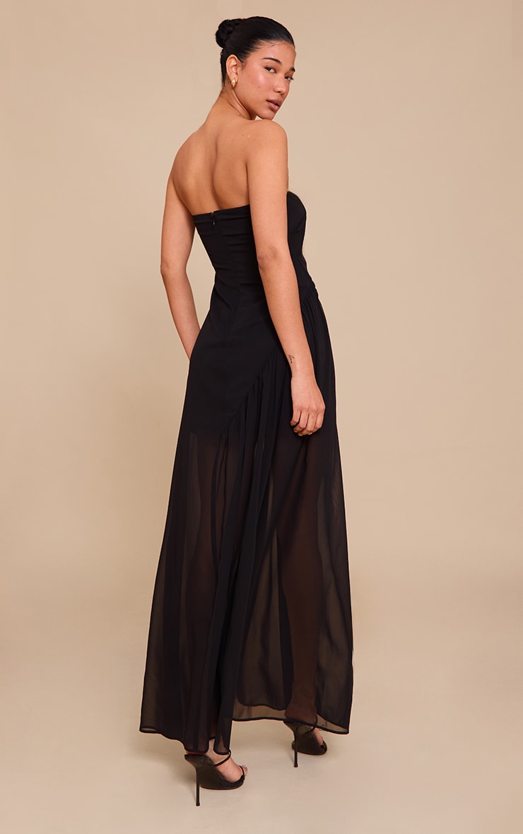 Black Double Layer Mesh Bandeau Asymmetric Ruching Maxi Dress image 2