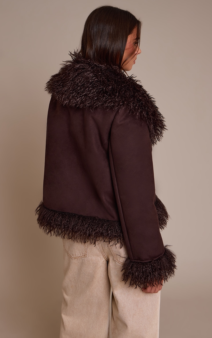 Dark Chocolate Faux Suede Trim Detail Coat image 2
