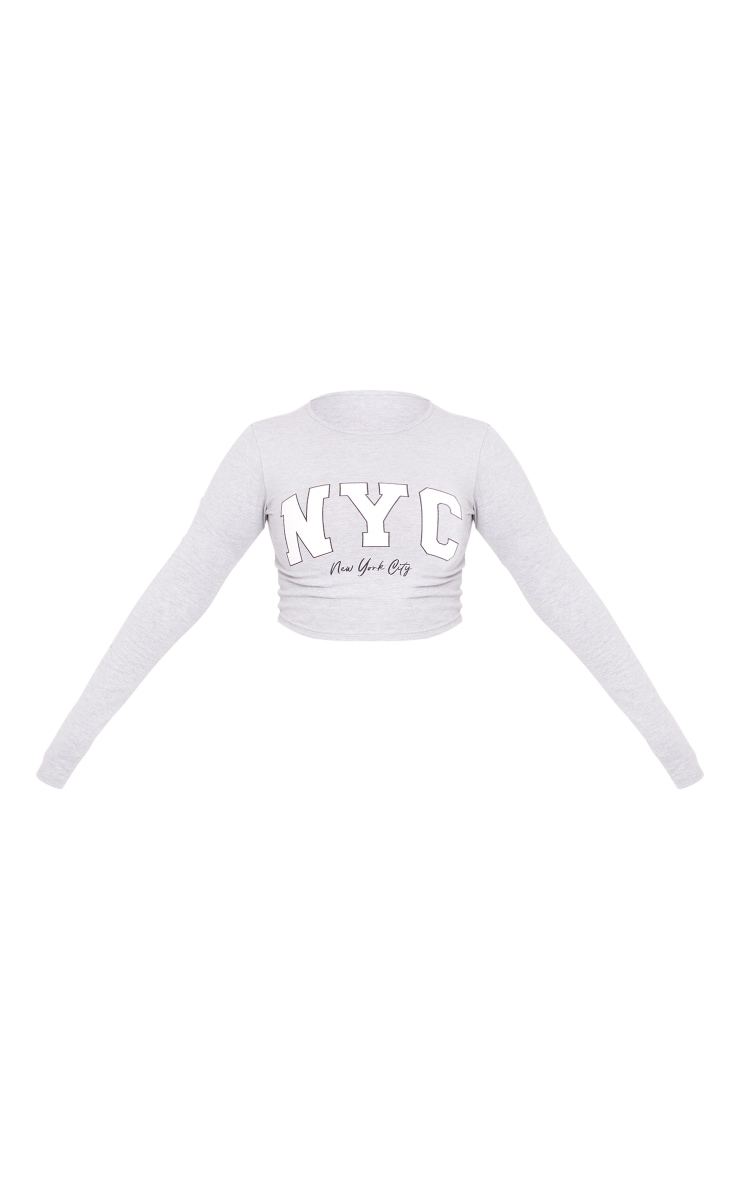 Grey Marl Long Sleeve NYC Printed Fitted T Shirt image 5