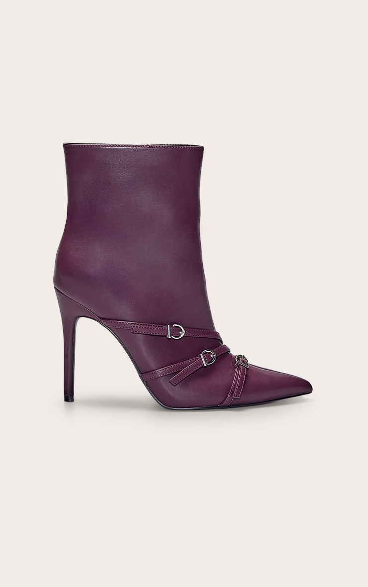 Plum PU Buckle Strap Stiletto Ankle Boot image 2