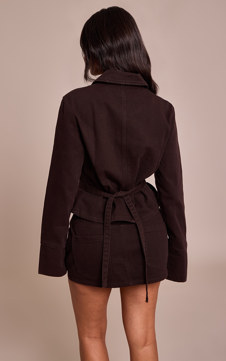 Petite Dark Chocolate Concealed Placket Crop Belted Denim Jacket image 2