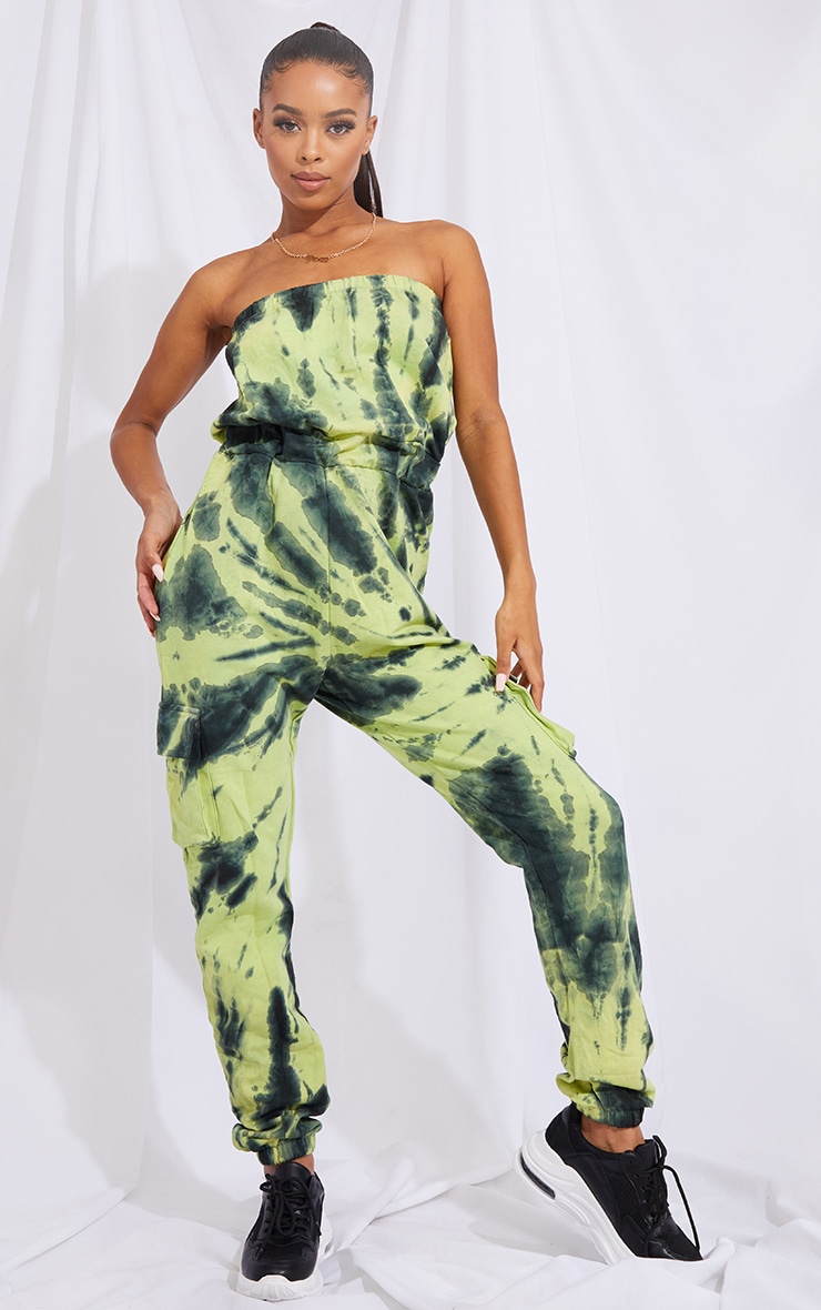 Green Tie Dye Bandeau Pocket Detail Sweat Jumpsuit