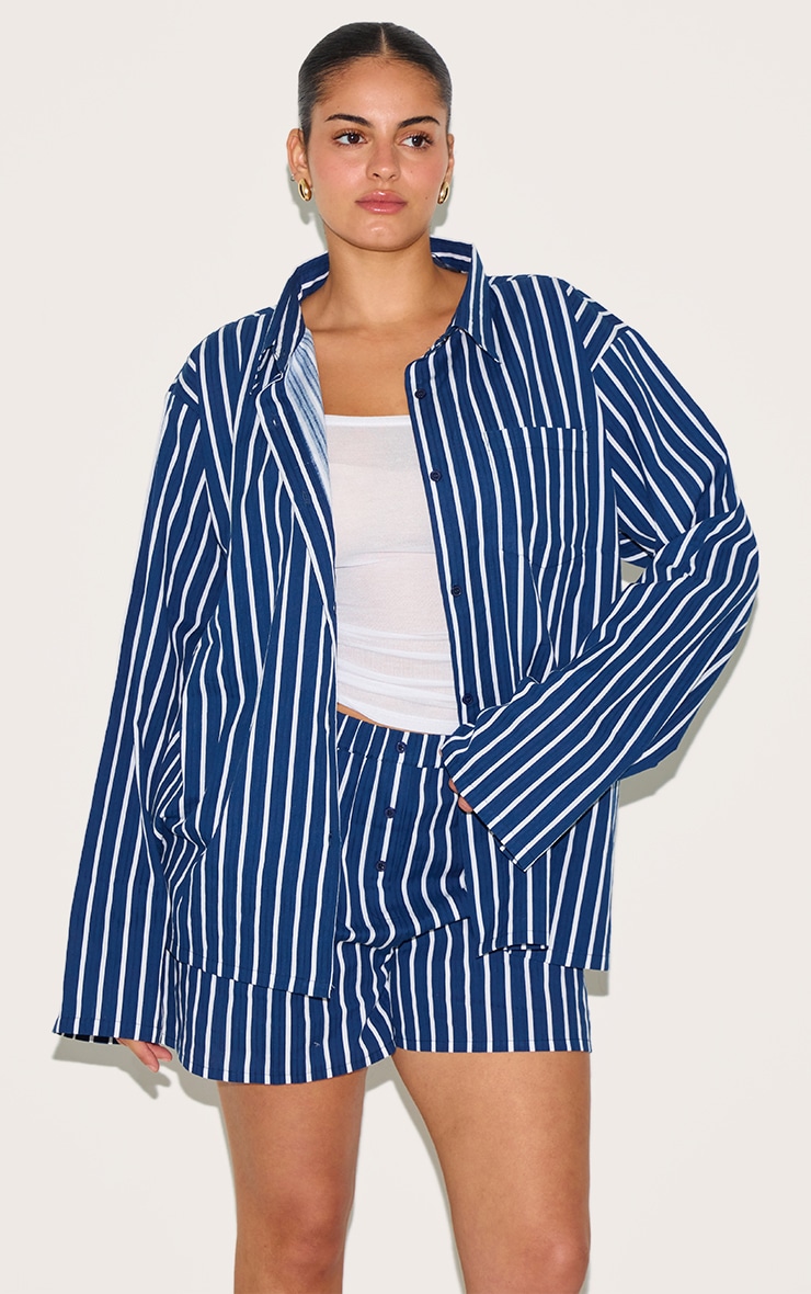 Plus Navy Striped Oversized Long Sleeve Shirt image 1