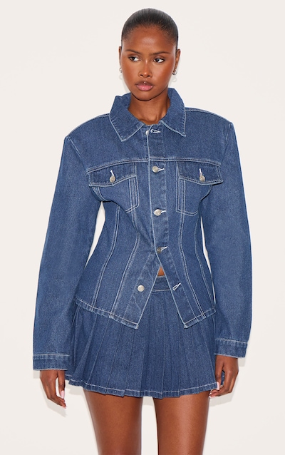 Dark Blue Shoulder Pad Cinch Waist Denim Trucker Jacket