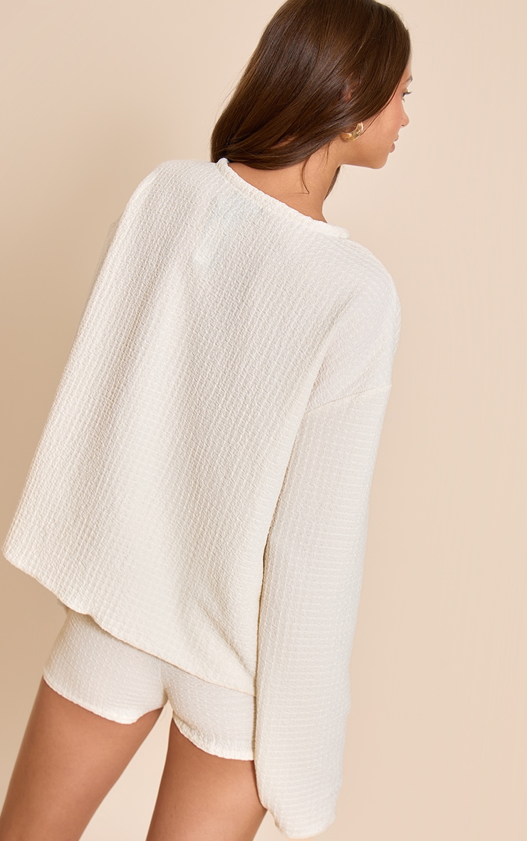 Cream Textured Tie Front Bead Detail Long Sleeve Top image 2