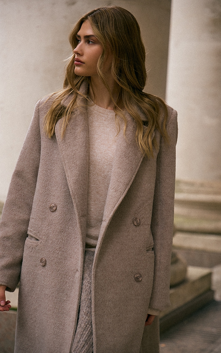 Taupe Structured Double Breasted Wool Look Maxi Coat image 4