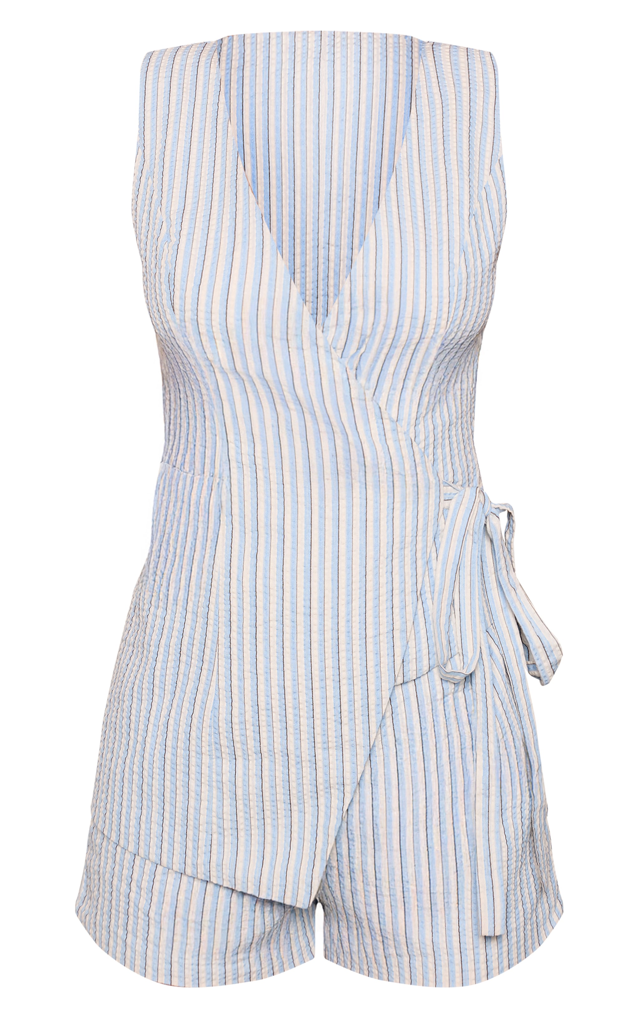Blue Pinstripe Woven Wrap Detail Romper image 5