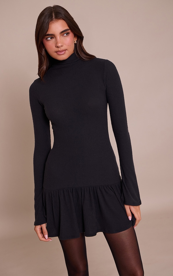 Black Brushed Rib High Neck Long Sleeve Shift Dress