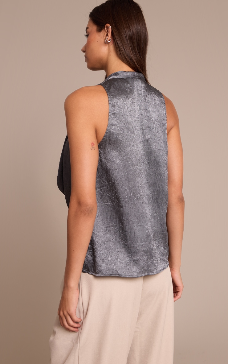 Charcoal Blue Textured Satin Cowl Neck Detail Long Top image 2